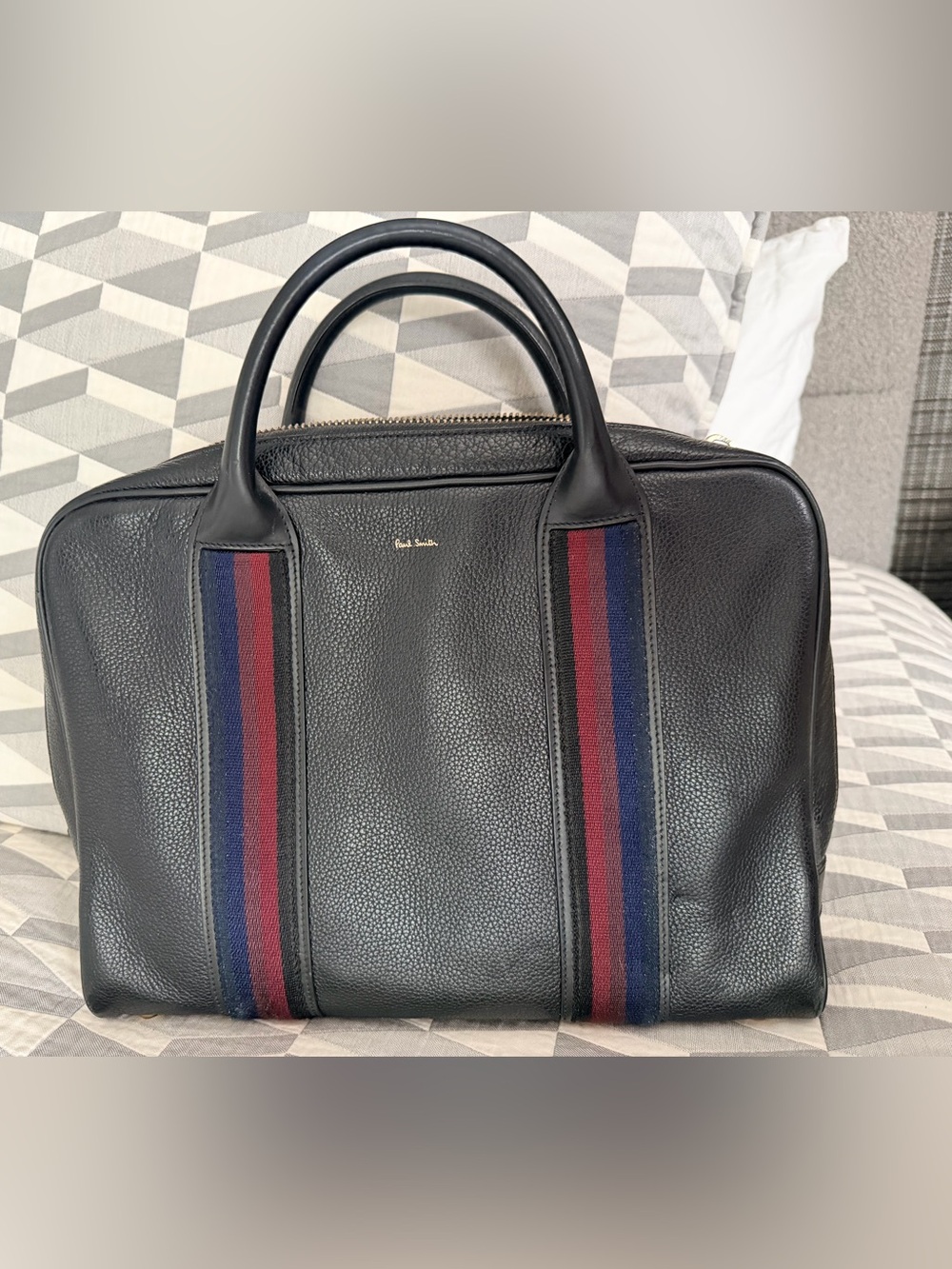 Paul Smith Black Pebbled Leather Briefcase with Navy and Burgundy Stripes